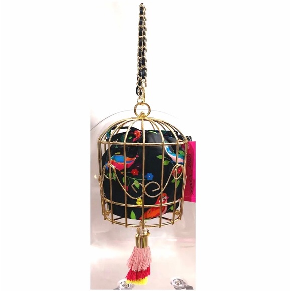 NWT Betsey Johnson 💋KITSCH BIRD IS THE WORD CAGE DANCER Drawstring Wristlet Bag - Picture 2 of 11